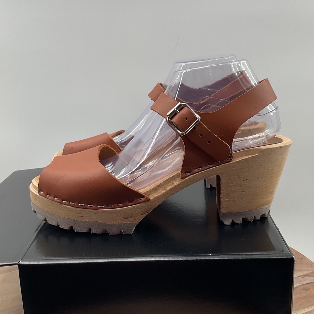 MIA Swedish Clogs Cognac Leather Peep Toe Wood Platform Sandals Size 41 Lug Sole